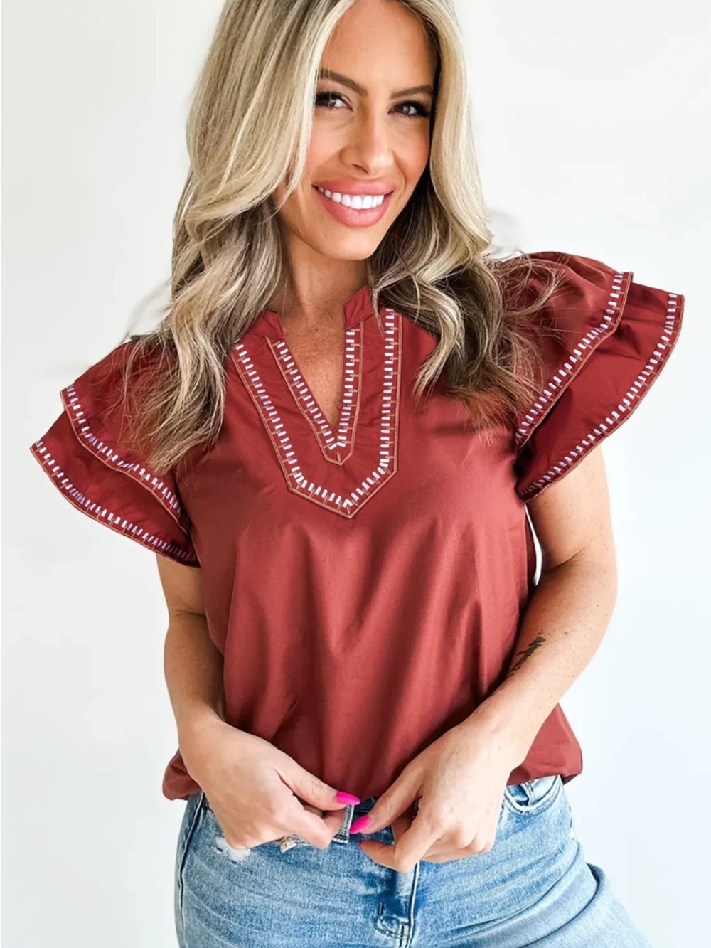 entro Rust Embroidered Flutter Sleeve Blouse